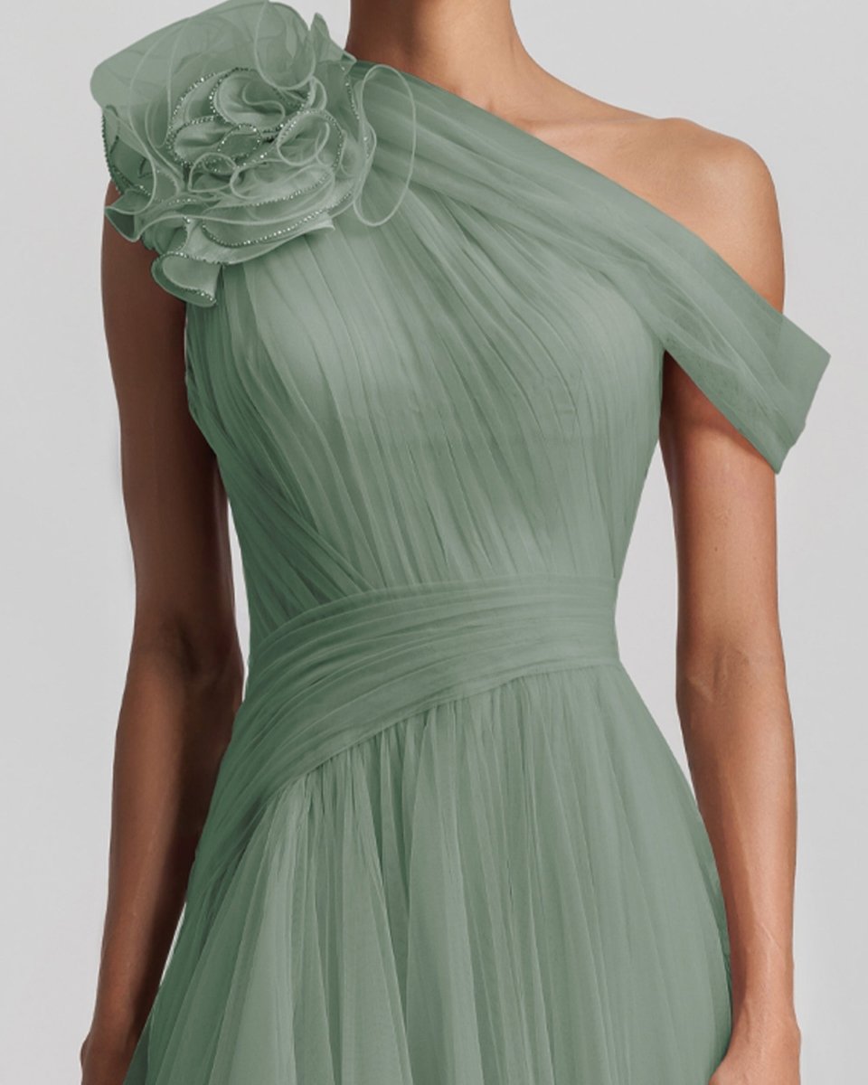 Mint Long Dress With Flower Design - Gemy Maalouf