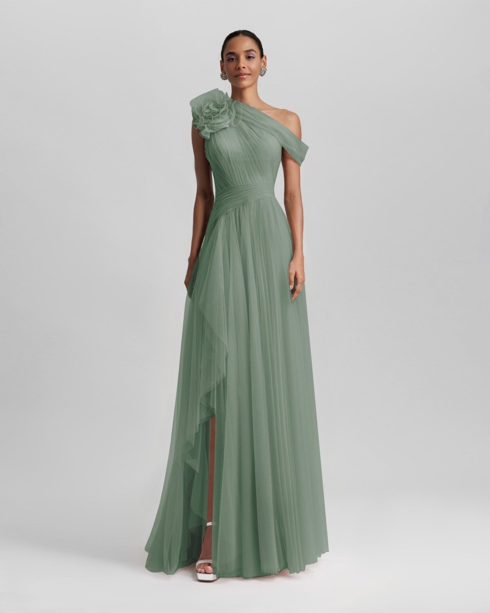 Mint Long Dress With Flower Design - Gemy Maalouf