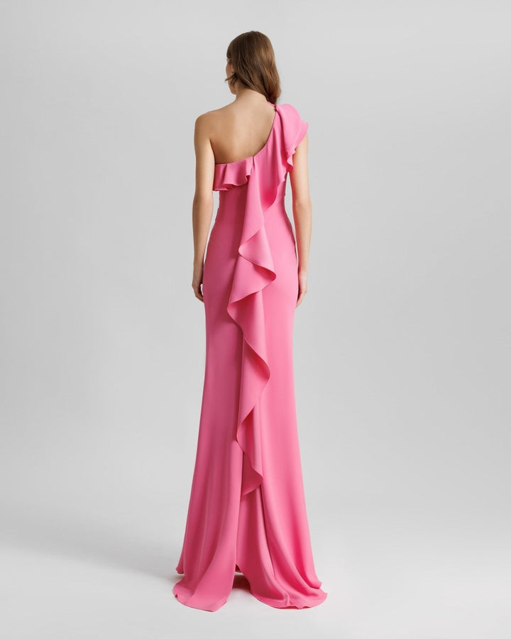 One - Shoulder Ruffled Neckline Candy Pink Dress - Gemy Maalouf