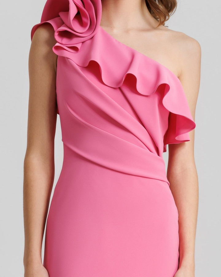 One - Shoulder Ruffled Neckline Candy Pink Dress - Gemy Maalouf