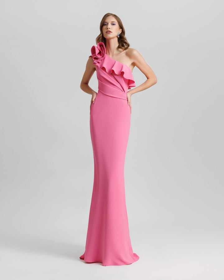 One - Shoulder Ruffled Neckline Candy Pink Dress - Gemy Maalouf