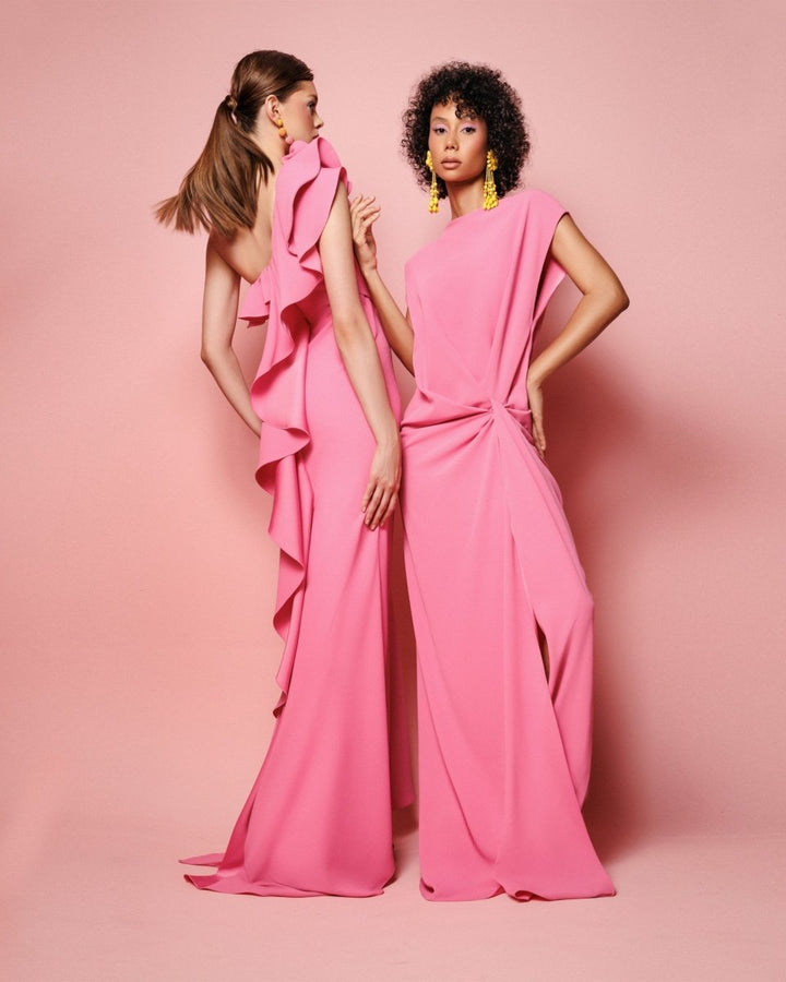 One - Shoulder Ruffled Neckline Candy Pink Dress - Gemy Maalouf
