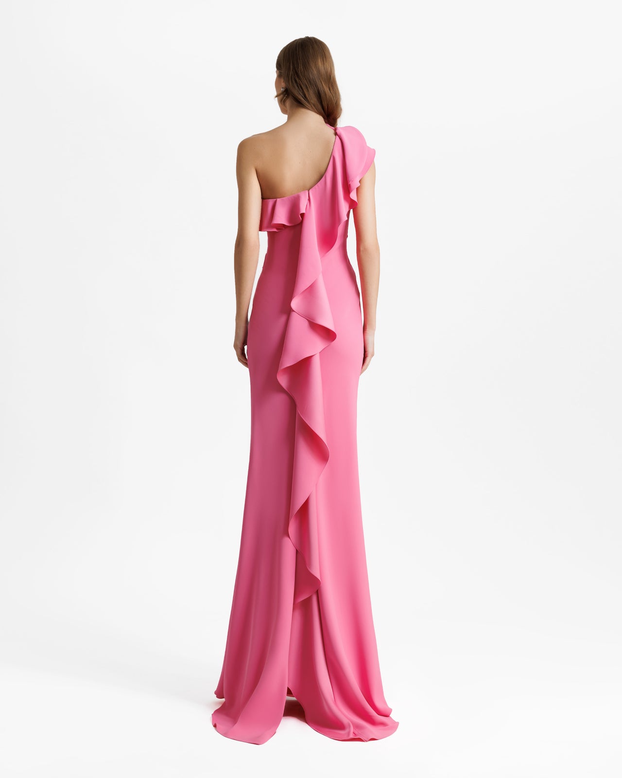 One-Shoulder Ruffled Neckline Candy Pink Dress