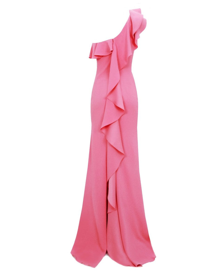 One - Shoulder Ruffled Neckline Candy Pink Dress - Gemy Maalouf