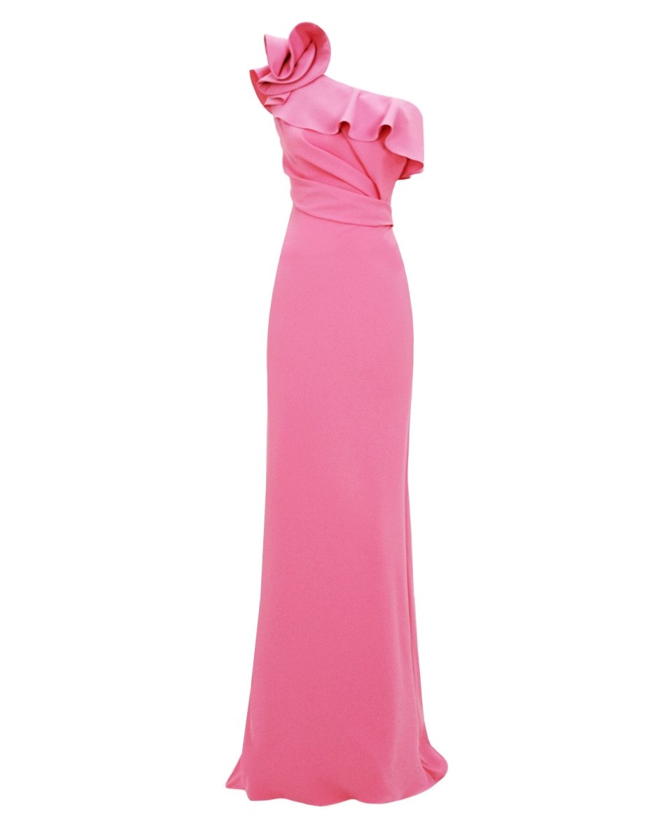 One - Shoulder Ruffled Neckline Candy Pink Dress - Gemy Maalouf