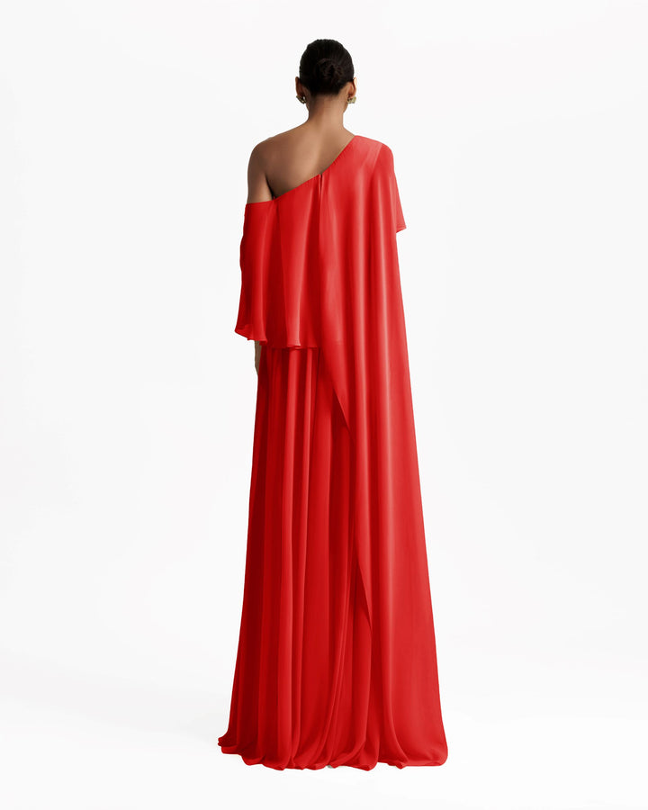 One-Shoulder Red Dress Featuring Ruffles