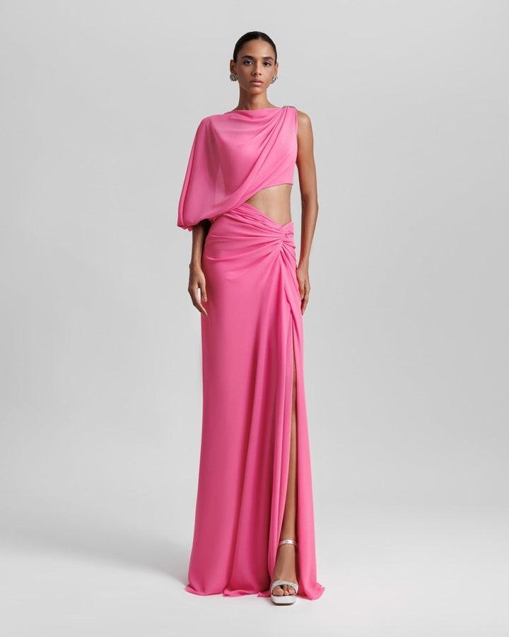 One Sleeve Candy Pink Long Dress - Gemy Maalouf