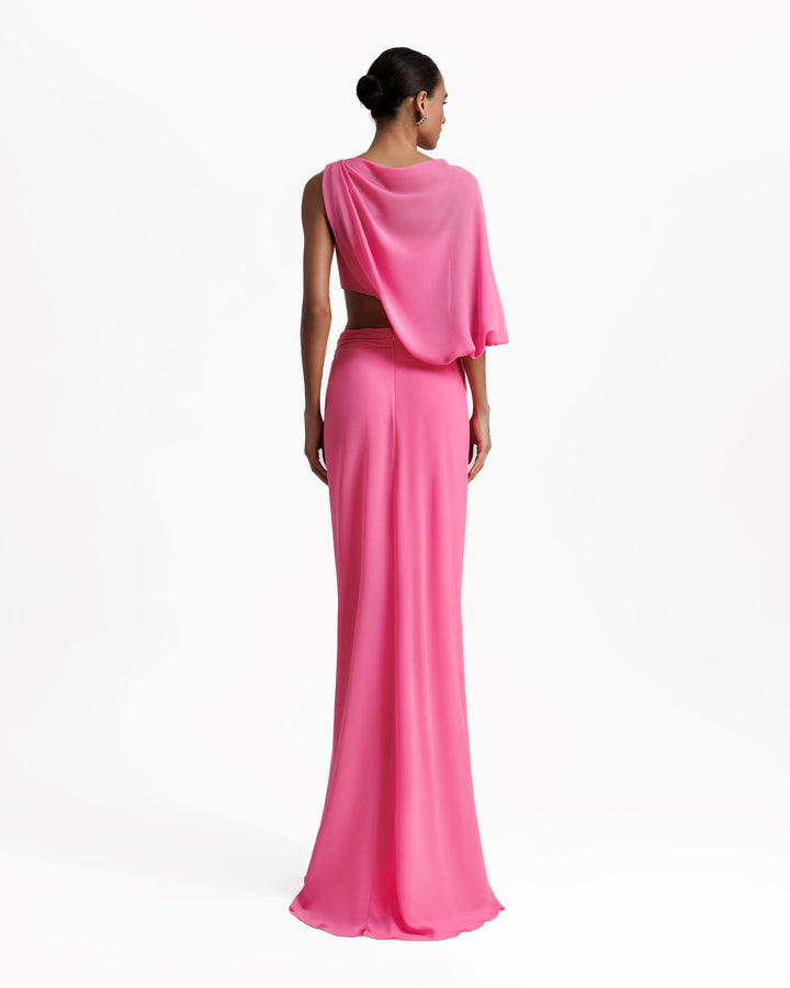 فستان زهري  طويل بكم واحد