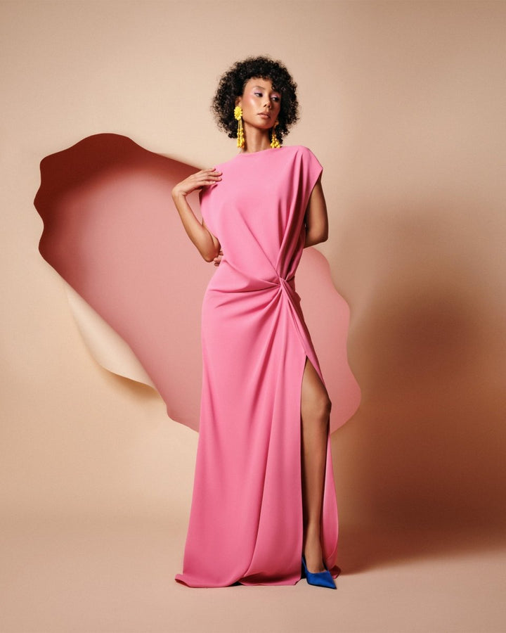 Loose Cut Candy Pink Dress With Drapings - Gemy Maalouf