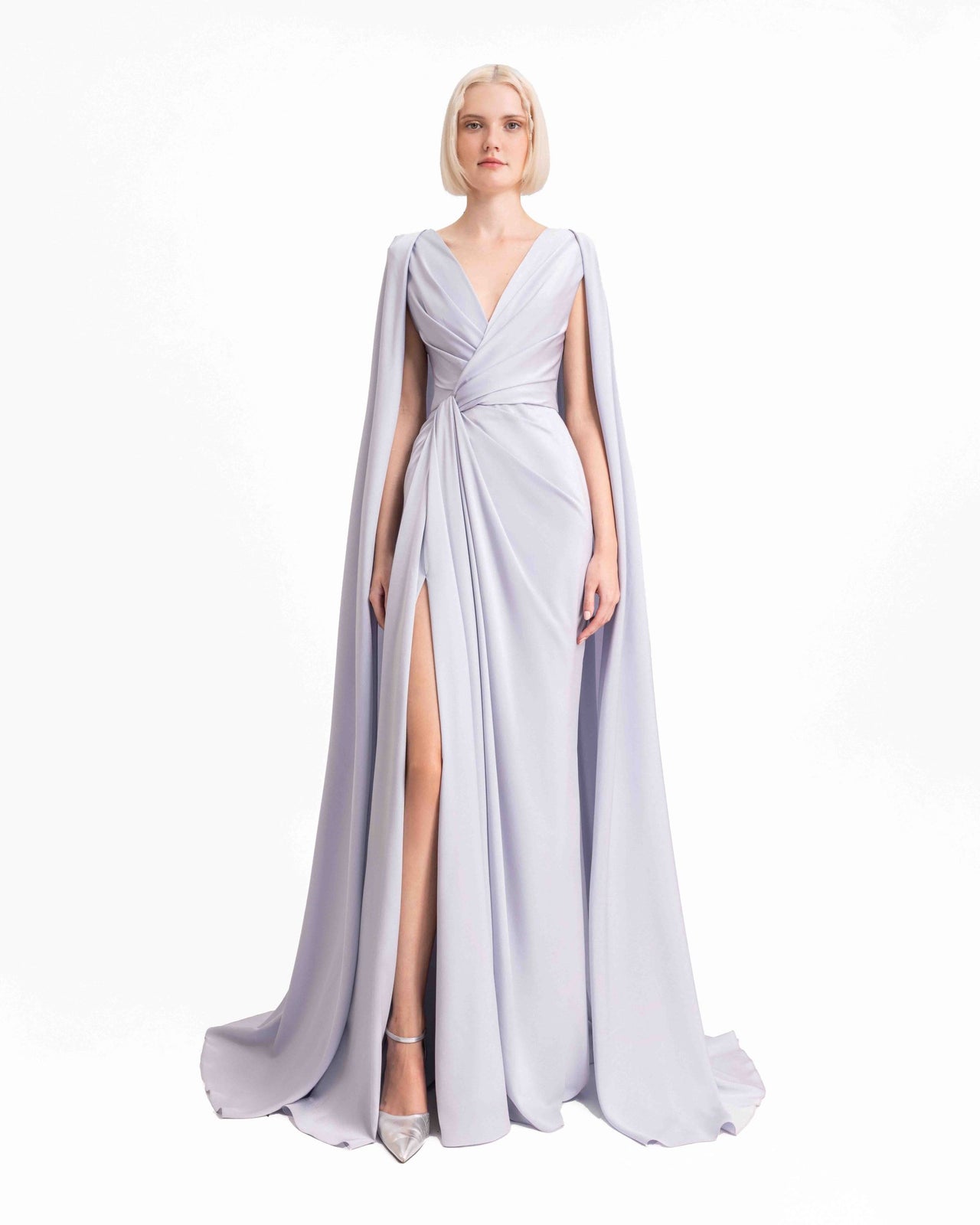 Draped Dress with Cape-Like Sleeves