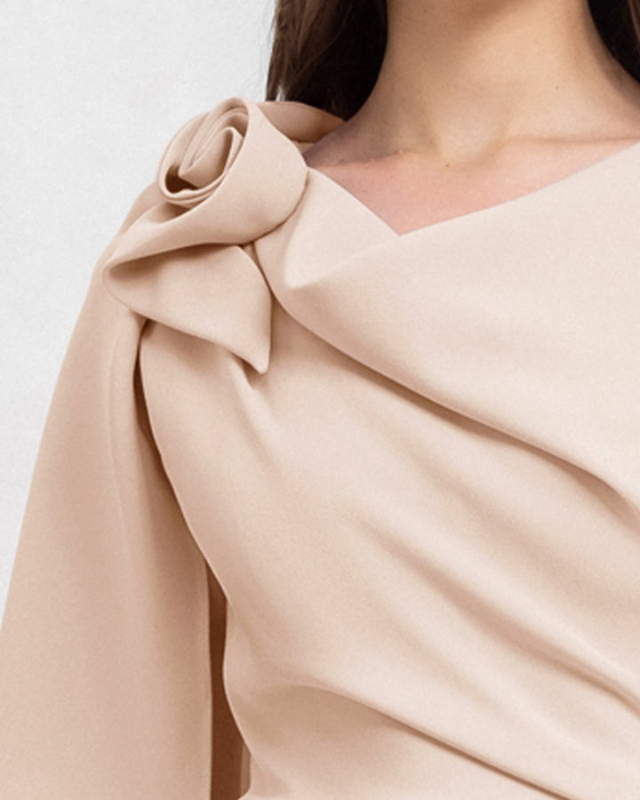 Draped Dress with Asymmetrical Sleeves - Gemy Maalouf