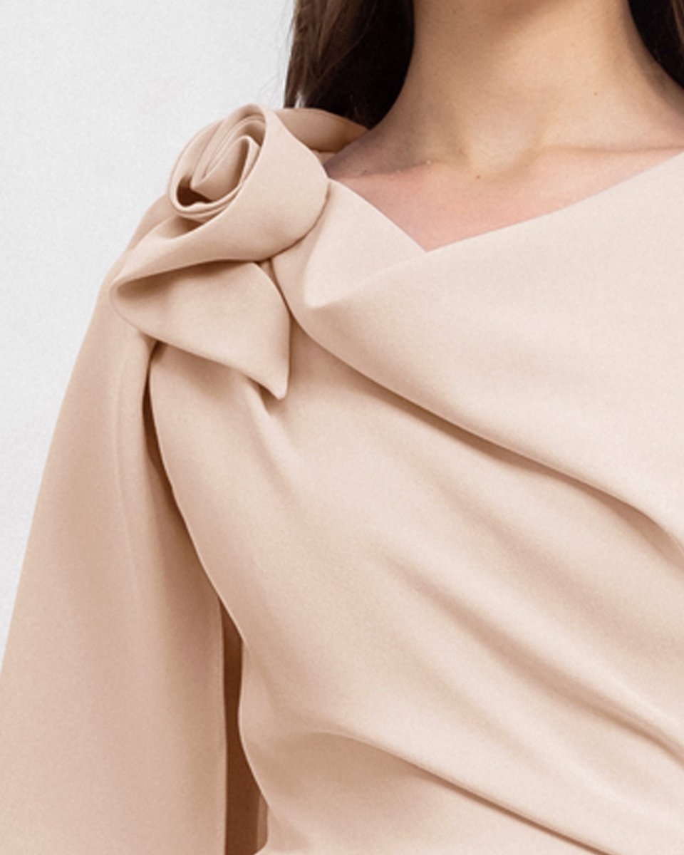 Draped Dress with Asymmetrical Sleeves - Gemy Maalouf