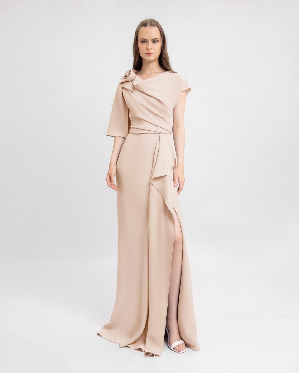 Draped Dress with Asymmetrical Sleeves