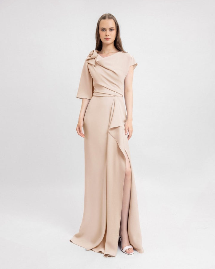 Draped Dress with Asymmetrical Sleeves - Gemy Maalouf