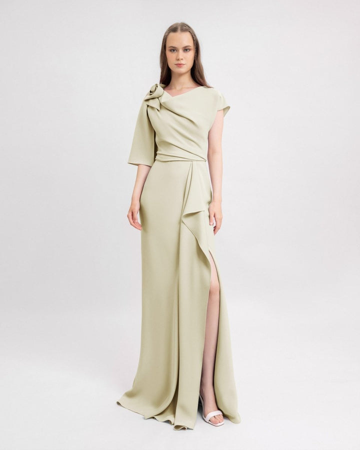Draped Dress with Asymmetrical Sleeves - Gemy Maalouf