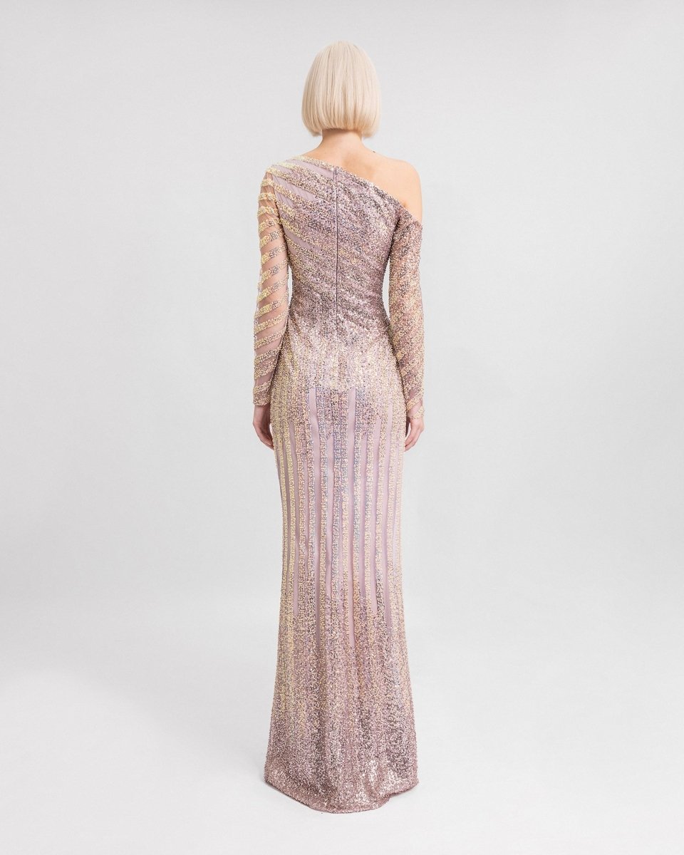 Asymmetrical Neckline Beaded Dress - Gemy Maalouf