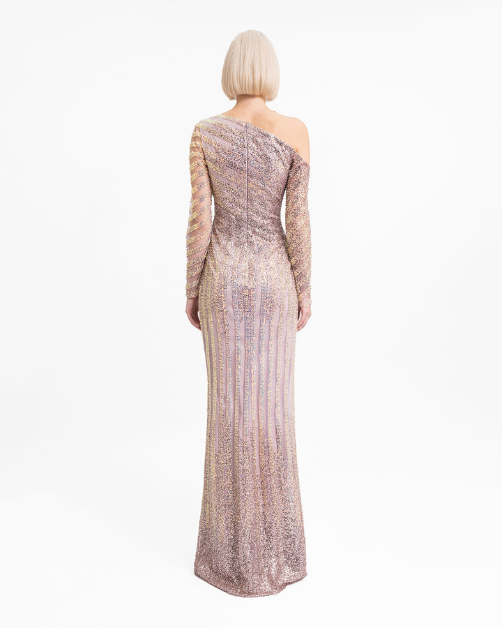 Asymmetrical Neckline Beaded Dress