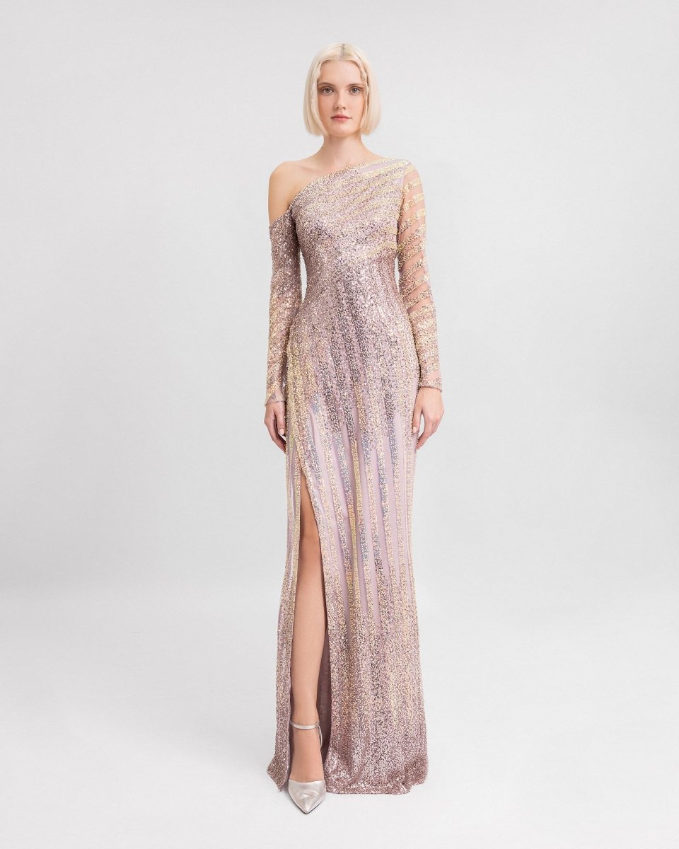 Asymmetrical Neckline Beaded Dress - Gemy Maalouf