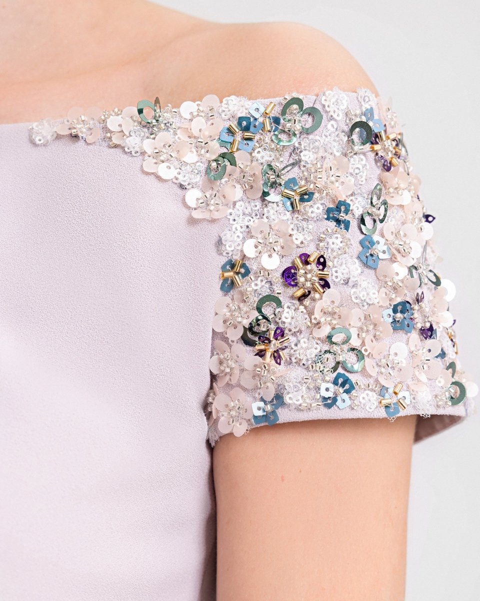 Off - Shoulders Dress with Beaded Sleeves - Gemy Maalouf