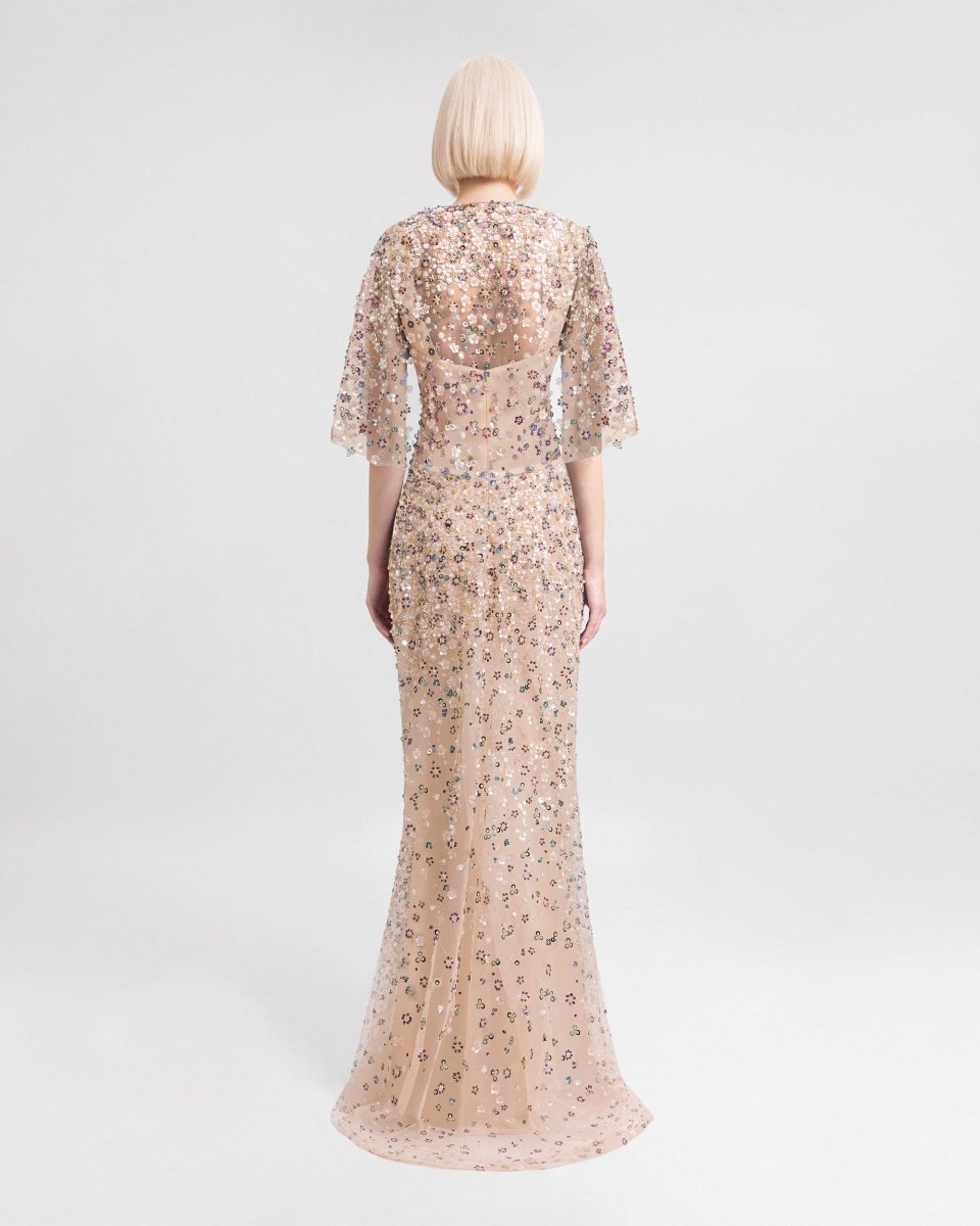 Beaded Dress with Cape Sleeves - Gemy Maalouf