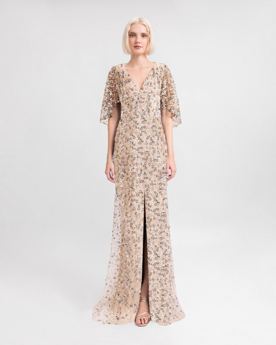 Beaded Dress with Cape Sleeves - Gemy Maalouf
