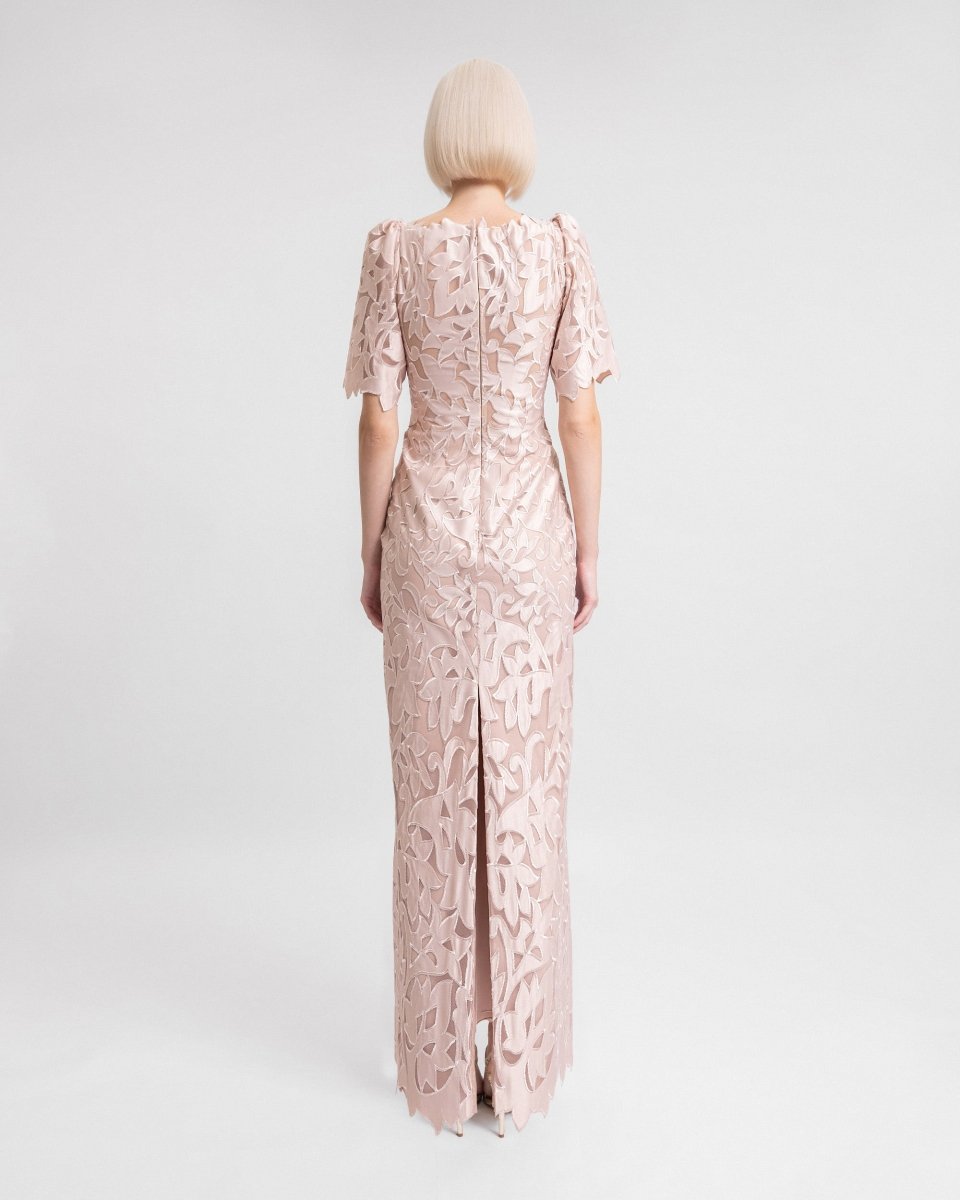 Embroidered Satin Long Dress - Gemy Maalouf