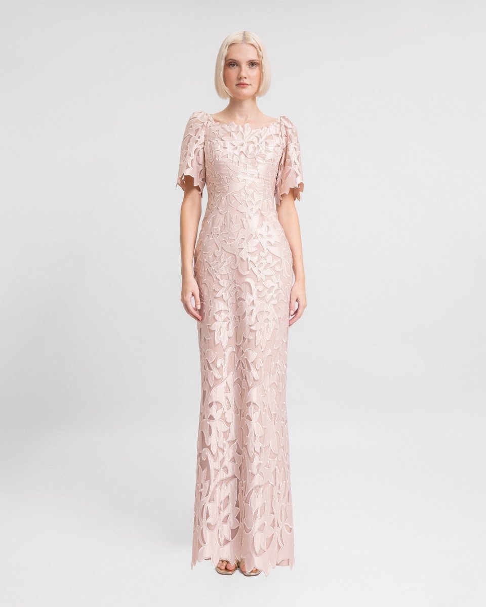 Embroidered Satin Long Dress - Gemy Maalouf