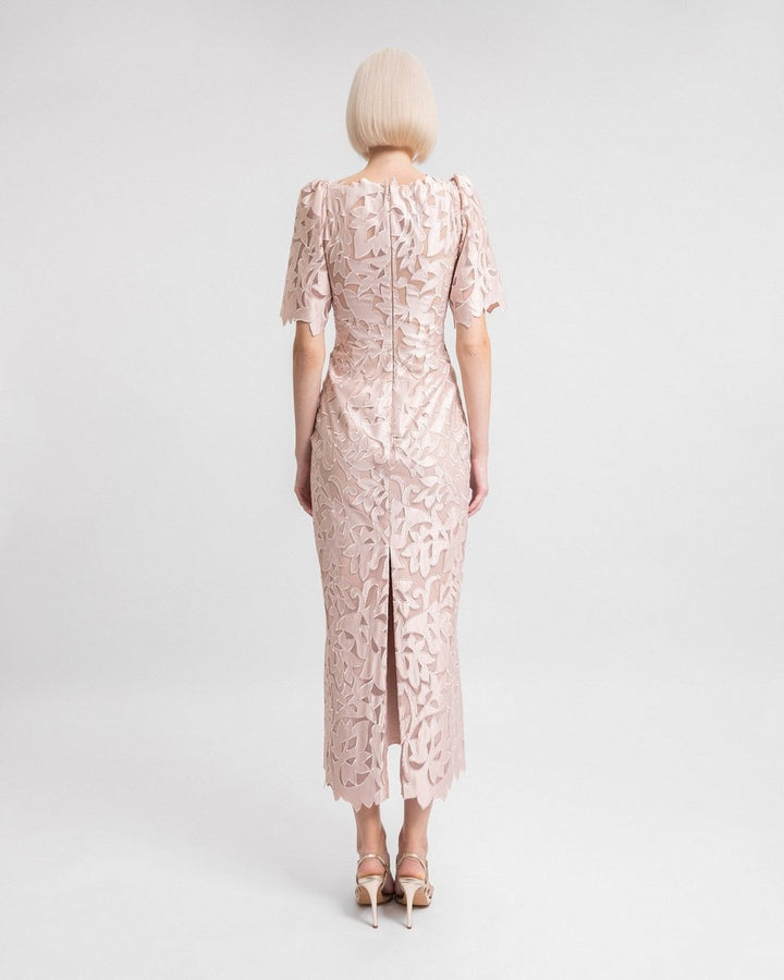 Embroidered Satin Midi Dress - Gemy Maalouf
