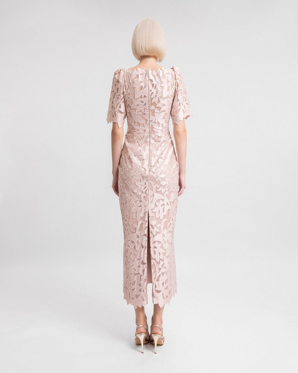 Embroidered Satin Midi Dress - Gemy Maalouf