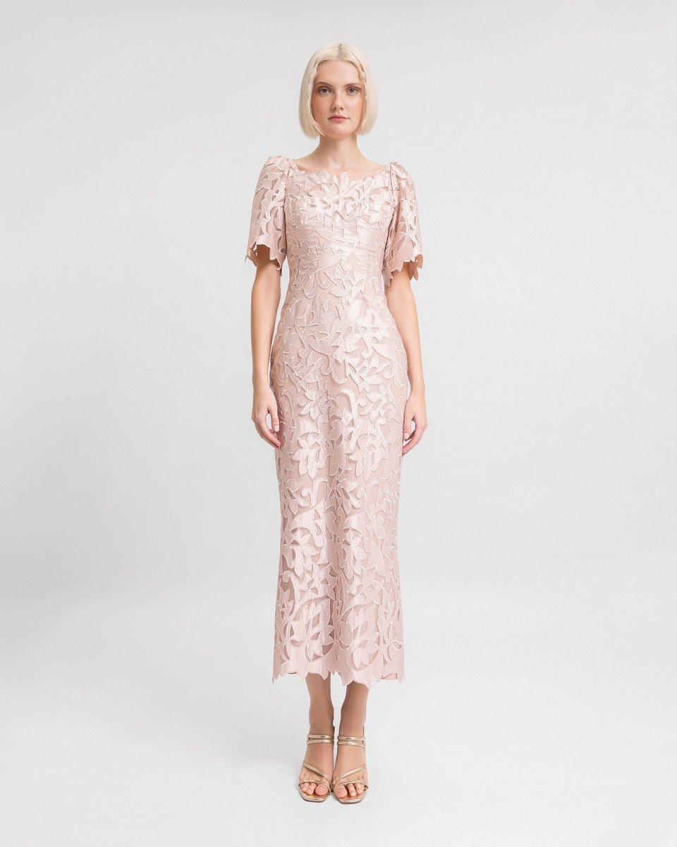 Embroidered Satin Midi Dress - Gemy Maalouf