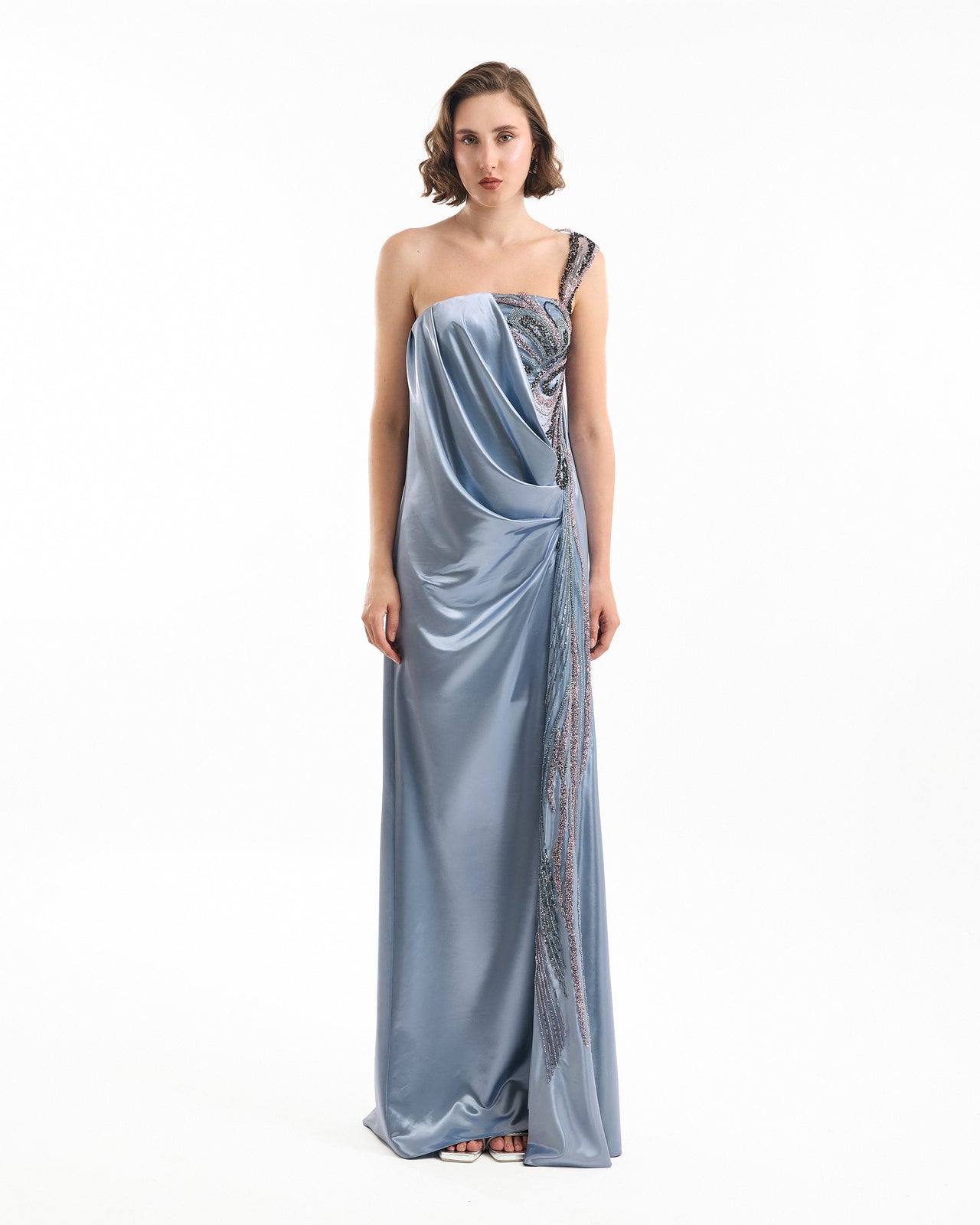 one shoulder down dress Strappy-Back One-Shoulder Long Prom Dress