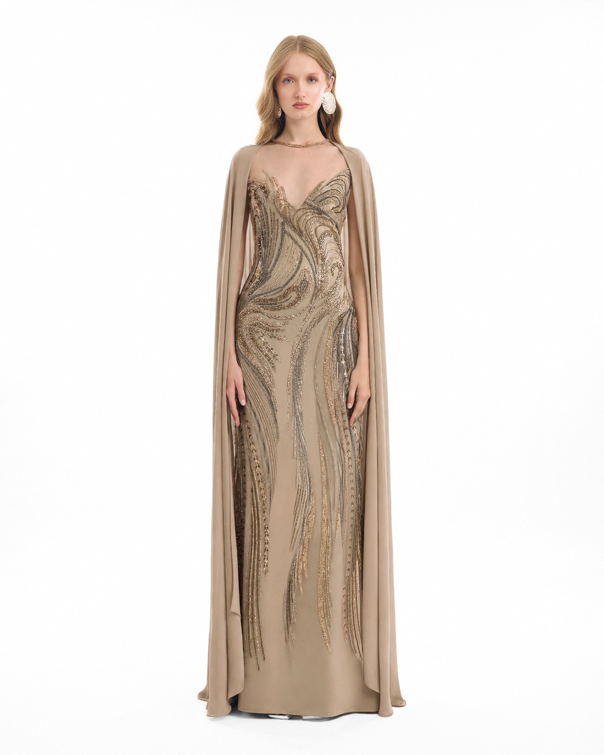 Fitted Beaded Dress with Sheer Neckline
