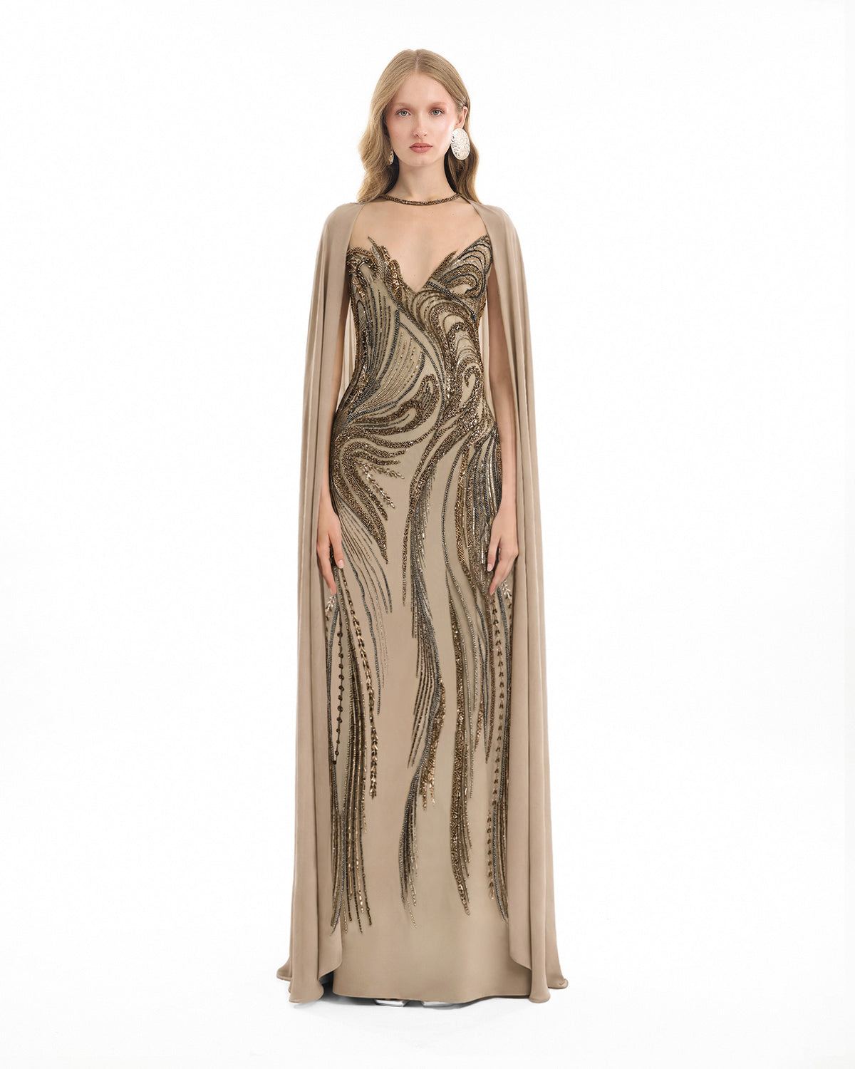 Fitted Beaded Dress with Sheer Neckline