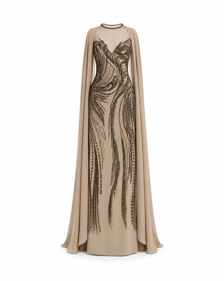 Fitted Beaded Dress with Sheer Neckline
