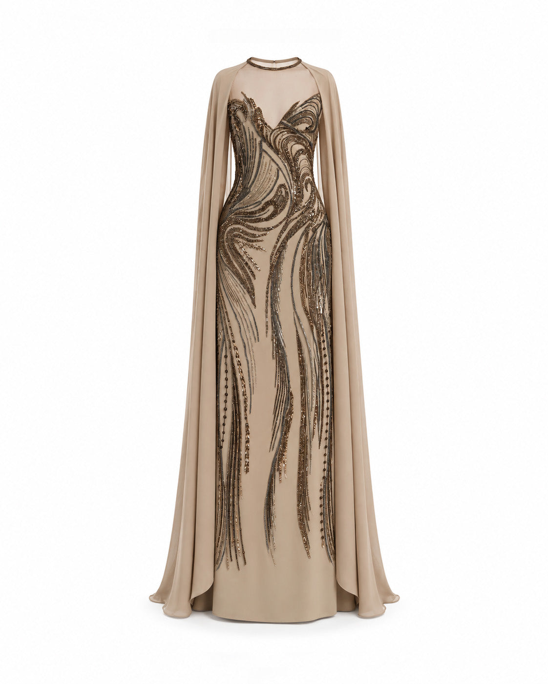 Fitted Beaded Dress with Sheer Neckline