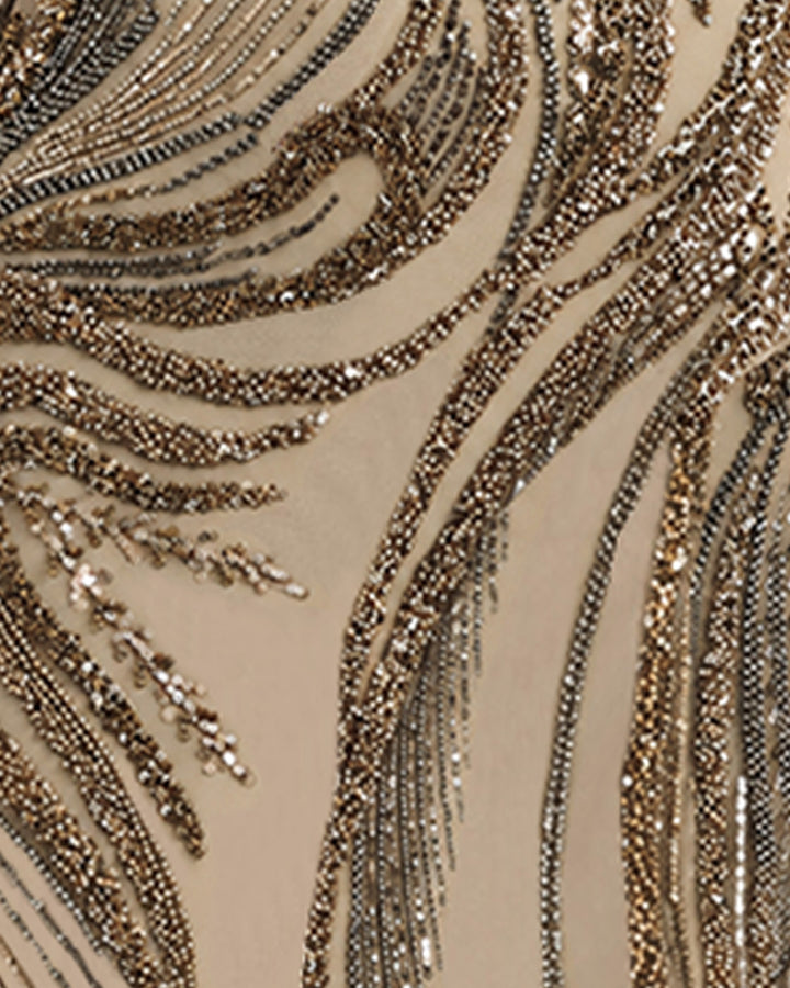 Fitted Beaded Dress with Sheer Neckline
