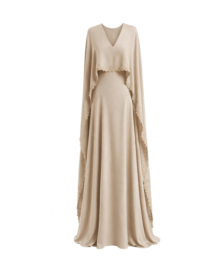 V-Neck Dress with Embroidered Cape