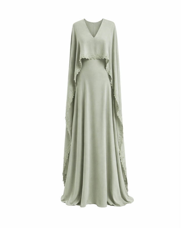 V-Neck Dress with Embroidered Cape