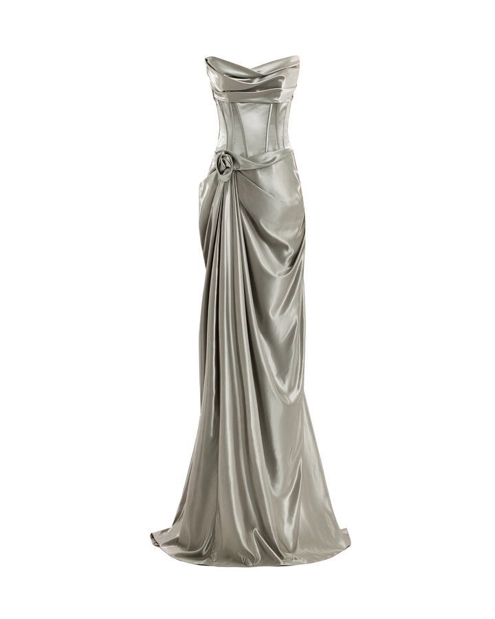 فستان ساتان معدني بدون أكتاف