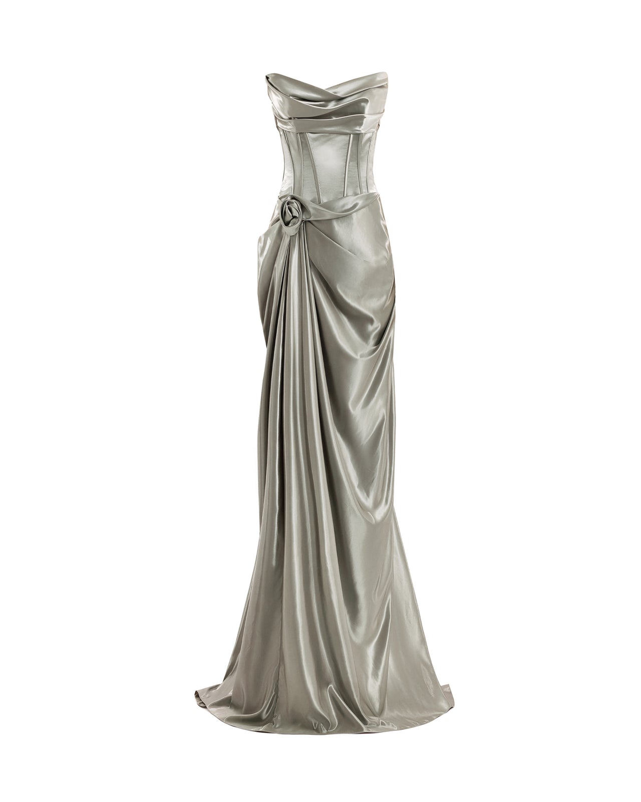 فستان ساتان معدني بدون أكتاف