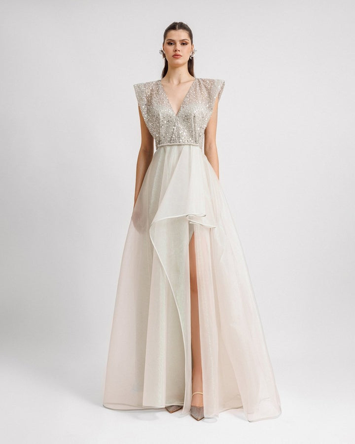 Wide Shoulders V - neckline Dress - Gemy Maalouf