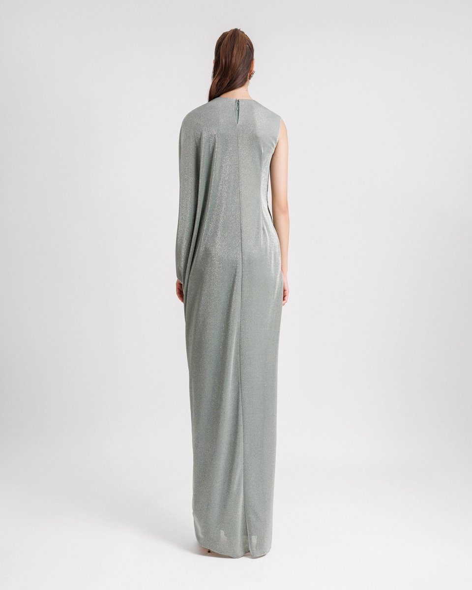 gemy maalouf dress smokey grey Asymmetrical Draped Sleeve Dress