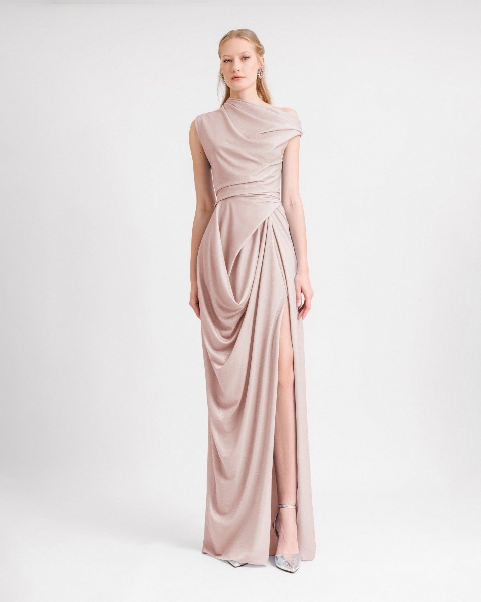 Asymmetrical Neckline Draped Dress - Gemy Maalouf