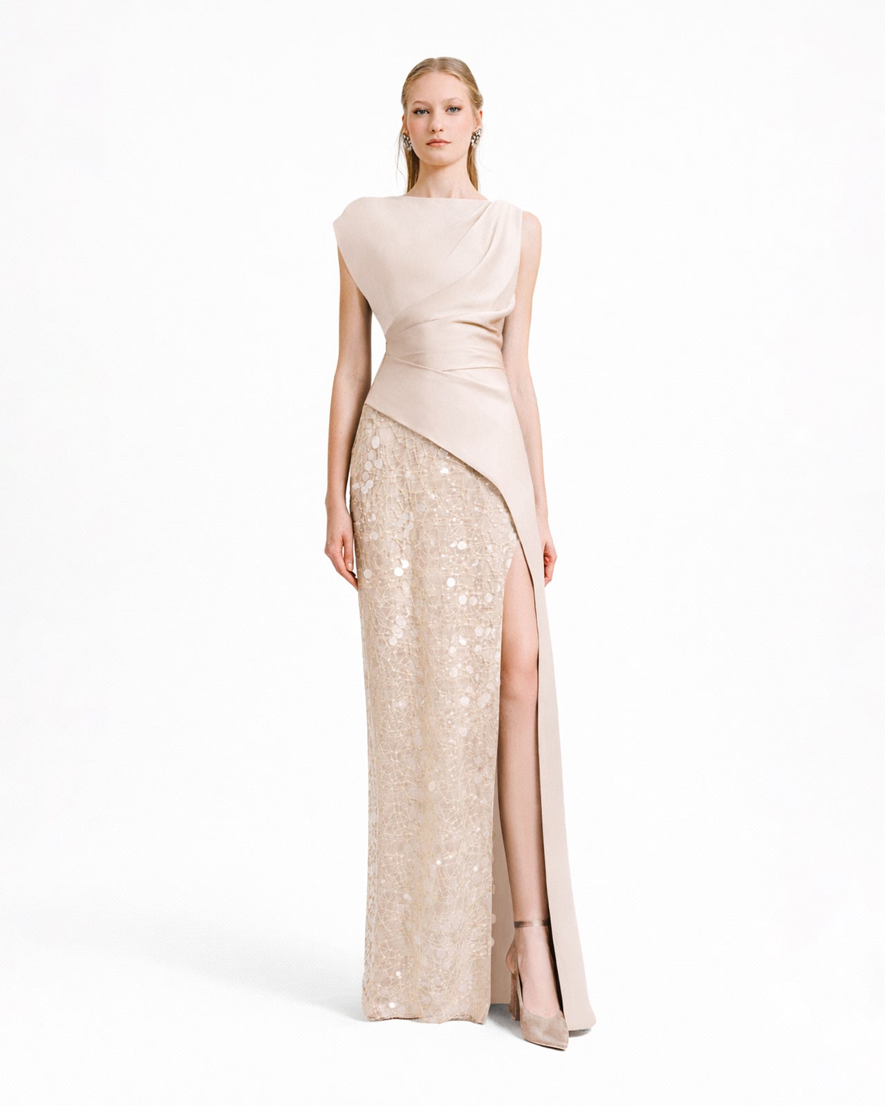 Asymmetrical Draped Champagne Satin dress