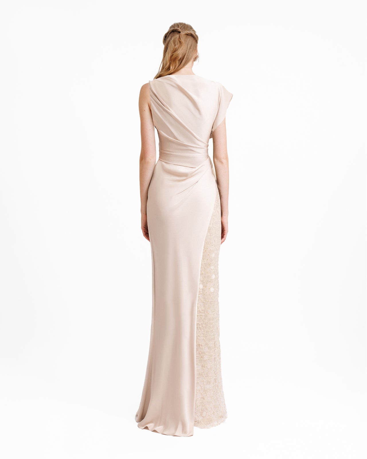 Asymmetrical Draped Champagne Satin dress