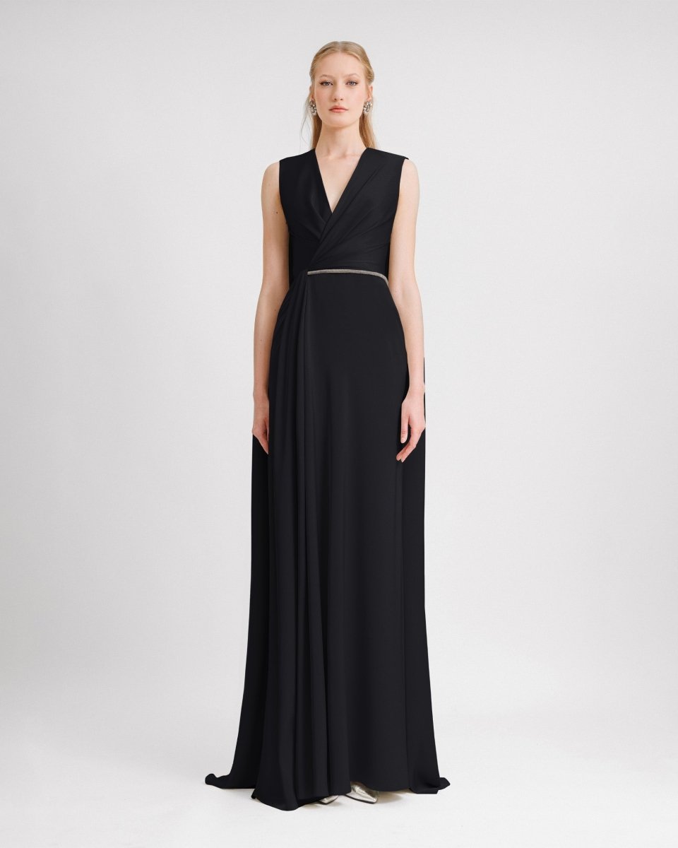 V - neckline With Cape - like Back Dress - Gemy Maalouf