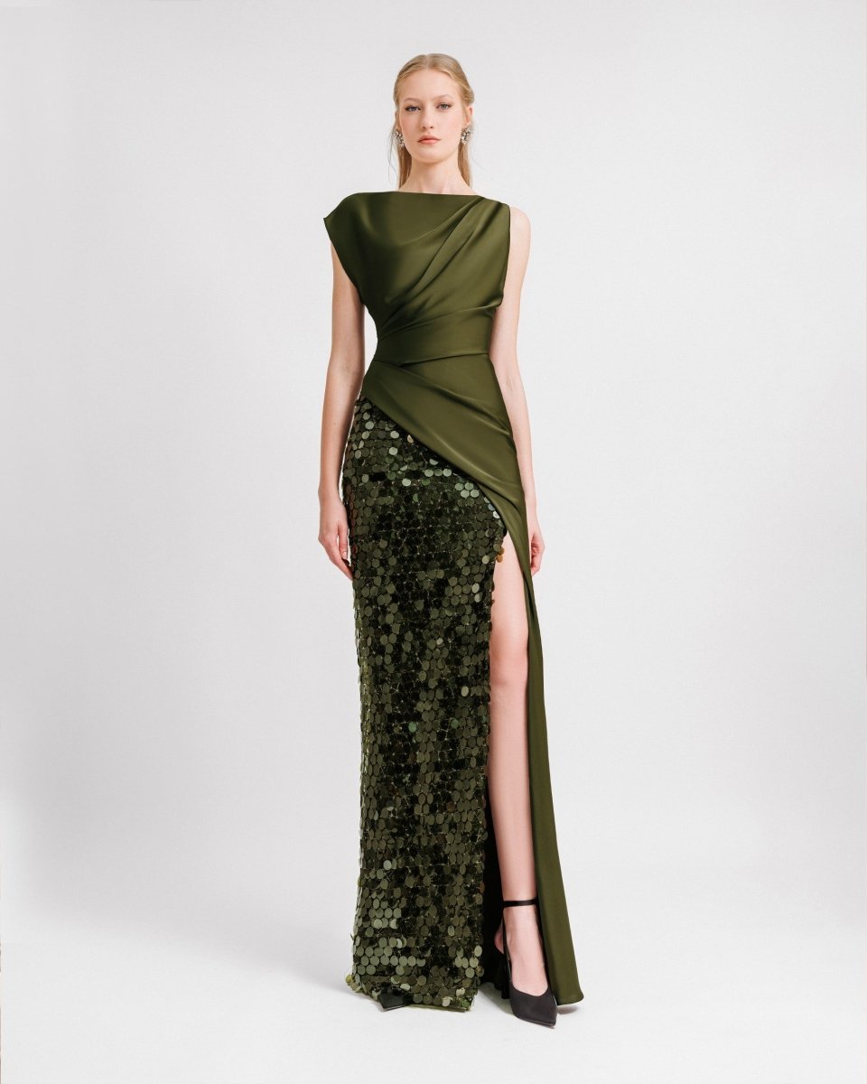 Asymmetrical draped satin dress - Gemy Maalouf