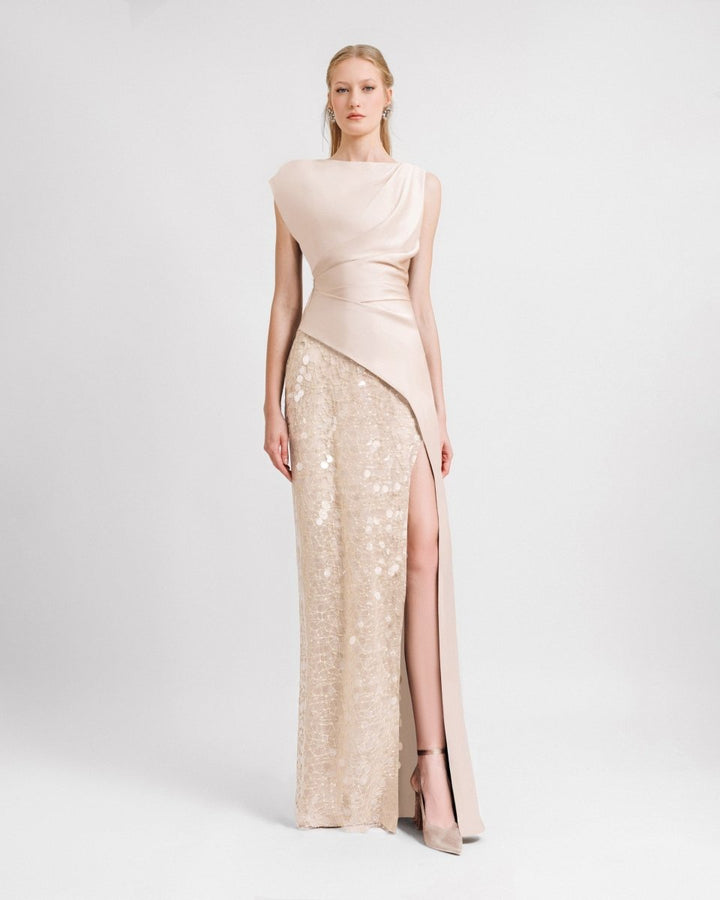 Asymmetrical Draped Champagne Satin dress - Gemy Maalouf