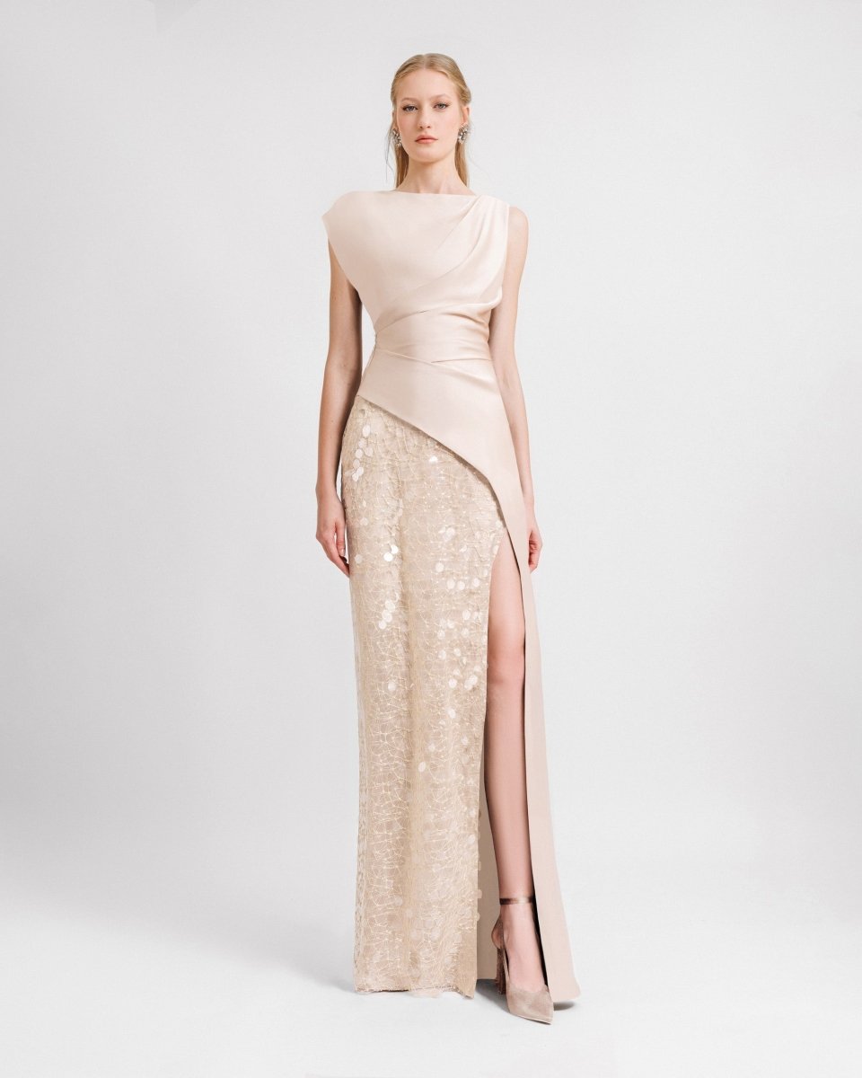 Asymmetrical Draped Champagne Satin dress - Gemy Maalouf