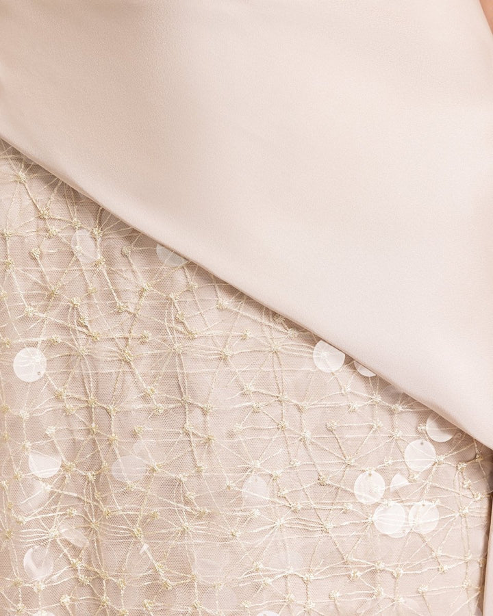 Asymmetrical Draped Champagne Satin dress - Gemy Maalouf